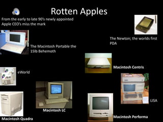 Rotten ApplesFrom the early to late 90’s newly appointed Apple CEO’s miss the markThe Newton; the worlds first PDAThe Macintosh Portable the 15lb BehemothMacintosh CentriseWorldLISAMacintosh LCMacintosh PerformaMacintosh Quadra