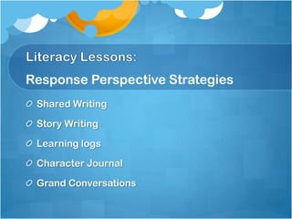 Response Perspective Strategies
 Shared Writing

 Story Writing

 Learning logs

 Character Journal

 Grand Conversations
 
