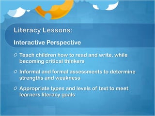 Interactive Perspective

 Teach children how to read and write, while
 becoming critical thinkers

 Informal and formal assessments to determine
 strengths and weakness

 Appropriate types and levels of text to meet
 learners literacy goals
 