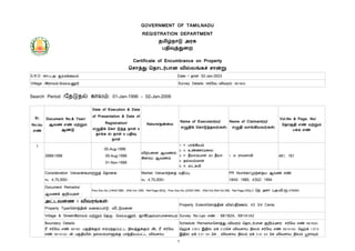 GOVERNMENT OF TAMILNADU
REGISTRATION DEPARTMENT
தமிழ்நாடு அரசு
பதிவுத்துறை
Certificate of Encumbrance on Property
சொத்து தொடர்பான வில்லங்கச் சான்று
S.R.O /சா.ப.அ: சூரமங்கலம் Date / நாள்: 02-Jan-2023
Village /கிராமம்:மெய்யனூர் Survey Details /சர்வே விவரம்: 58/1B2A
Search Period /தேடுதல் காலம்: 01-Jan-1996 - 02-Jan-2006
Sr.
No./வ.
எண்
Document No.& Year/
ஆவண எண் மற்றும்
ஆண்டு
Date of Execution & Date
of Presentation & Date of
Registration/
எழுதிக் கொ டுத்த நாள் &
தாக்க ல் நாள் & பதிவு
நாள்
Nature/தன்மை
Name of Executant(s)/
எழுதிக் கொடுத்தவர்(கள்)
Name of Claimant(s)/
எழுதி வாங்கியவர்(கள்)
Vol.No & Page. No/
தொகுதி எண் மற்றும்
பக்க எண்
3989/1996
05-Aug-1996
05-Aug-1996
01-Nov-1996
விற்பனை ஆவணம்/
கிரைய ஆவணம்
1. P. பாக்கியம்
2. K. உண்ணாமலை
3. P. நீலாம்பாள் (எ) நீலா
4. நல்லம்மாள்
5. R. லட்சுமி
1. M. ராமசாமி 481, 161
Consideration Value/கைமாற்றுத் தொகை:
Rs. 4,75,000/-
Market Value/சந்தை மதிப்பு:
Rs. 4,75,000/-
PR Number/முந்தைய ஆவண எண்:
1845/ 1980, 4352/ 1994
Document Remarks/
ஆவணக் குறிப்புகள் :
Prev.Doc.No.:[1845/1980, (Ref.Vol:1265, Ref.Page:303)], Prev.Doc.No.:[4352/1994, (Ref.Vol:(Ref.Vol:358, Ref.Page:255)].3 நெ அசா பஅ.வி.ரூ.475000/-
அட்டவணை 1 விவரங்கள்:
Property Type/சொத்தின் வகைப்பாடு: வீ
ட்டுமனை
Property Extent/சொத்தின் விஸ்தீர்ணம்: 43 3/4 Cents
Village & Street/கிராமம் மற்றும் தெரு: மெய்யனூர், ஜாகீர்அம்மாபாளையம் Survey No./புல எண் : 58/1B2A, 59/1A1A2
Boundary Details:
ரீ சர்வே எண் 58/1B2- பகுதிக்கும் சம்மந்தப்பட்ட நிலத்துக்கும் (கி), ரீ சர்வே
எண் 59/1A1A2- ன் பகுதியில் நல்லம்மாளுக்கு பாத்தியப்பட்ட விவசாய
Schedule Remarks/சொத்து விவரம் தொடர்பான குறிப்புரை: சர்வே எண் 58/1B2A-
ஹெக் 2.00.5 இதில் ஏக் 0.22செ விவசாய நிலம் சர்வே எண் 59/1A1A2- ஹெக் 1.07.0
இதில் ஏக் 0.21 3/4 செ , விவசாய நிலம் ஏக் 0.43 3/4 செ விவசாய நிலம் பூராவும்
1
1
 