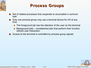 Process Groups Set of related processes that cooperate to accomplish a common task Only one process group may use a terminal device for I/O at any time The foreground job has the attention of the user on the terminal Background jobs – nonattached jobs that perform their function without user interaction Access to the terminal is controlled by process group signals 