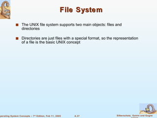 File System The UNIX file system supports two main objects: files and directories Directories are just files with a special format, so the representation of a file is the basic UNIX concept 