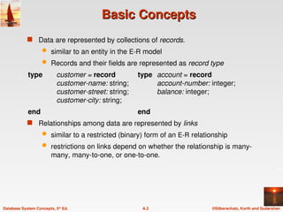 ©Silberschatz, Korth and Sudarshan
A.2
Database System Concepts, 5th
Ed.
Basic Concepts
Basic Concepts
 Data are represented by collections of records.
 similar to an entity in the E-R model
 Records and their fields are represented as record type
type customer = record type account = record
customer-name: string; account-number: integer;
customer-street: string; balance: integer;
customer-city: string;
end end
 Relationships among data are represented by links
 similar to a restricted (binary) form of an E-R relationship
 restrictions on links depend on whether the relationship is many-
many, many-to-one, or one-to-one.
 