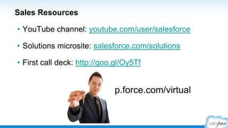 Salesforce SUCCESS methodology
S
Users Sell for YouU
Start with Discovery
C Compelling Demos
C Connect the Dots
E Experience Events
S
Show Them the MoneyS
Sell High and Through
 