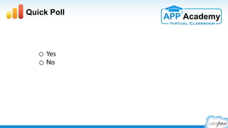 Session Goals
​  Understand key components of the full partner lifecycle
​  Identify your place within the lifecycle, along with next steps
​  Navigate the Partner Community & utilize other resources
​  Consider key decision points in the lifecycle
​  Review key concepts like Salesforce1, Security Review,
Trialforce, LMA, COA, Partner Business Org, AppExchange, &
Subscriber Support Console
​  Be empowered to Market, Sell, & Support like Salesforce
​  Get inspired about your business
http://p.force.com/appsurvey
 