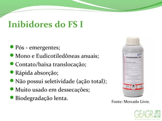 Inibidores do FS I
Pós - emergentes;
Mono e Eudicotiledôneas anuais;
Contato/baixa translocação;
Rápida absorção;
Não possui seletividade (ação total);
Muito usado em dessecações;
Biodegradação lenta. Fonte: Mercado Livre.
 