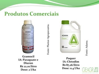 Poquer
IA: Cletodim
R$ 87,26/litro
Dose: 0,4 l/ha
Fonte:Adama.
Produtos Comerciais
Gramocil
IA: Paraquate e
Diuron
R$ 22,10/litro
Dose: 2 l/ha
Fonte:PlantarAgropecuária.
 