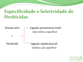 Especificidade e Seletividade de
Herbicidas
Enzima alvo Ligação permanente/total
(não seletivo; específico)
+
Herbicida Ligação rápida/parcial
(seletivo; não específico)
 