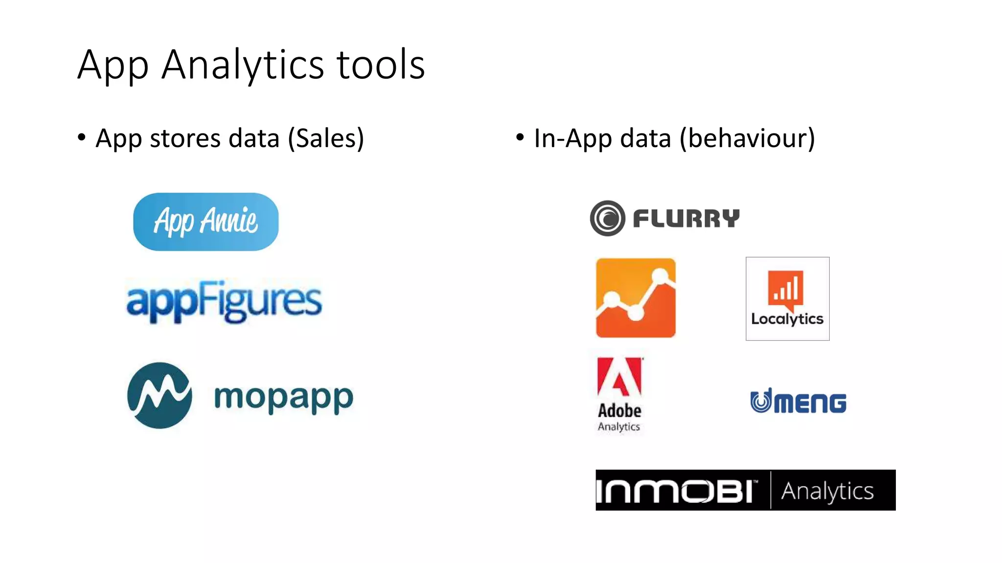 App Analytics tools
• App stores data (Sales) • In-App data (behaviour)
 