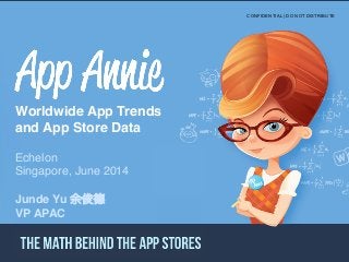 Ⓒ App Annie 2013!CONFIDENTIAL PROPERTY OF APP ANNIE - DO NOT DISCLOSE
Intelligence 
Overview"
Worldwide App Trends
and App Store Data"
Echelon!
Singapore, June 2014!
CONFIDENTIAL | DO NOT DISTRIBUTE
Junde Yu 余俊德"
VP APAC"
 