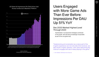 S
T
A
T
E
O
F
M
O
B
I
L
E
G
A
M
I
N
G
2
0
2
1
9
8
7
6
5
4
3
2
1
0
US Game Ad Impressions Per Daily Active User
Across ironSource's Mediation Platform
Source: ironSource
Among rewarded video and interstitial ads
Users Engaged
with More Game Ads
Than Ever Before:
Impressions Per DAU
Up 51% YoY
Dec 2020 Marked Highest Level
Through 2020
Sophistication in ad placement strategies contributed
to this growth, with ads being increasingly incorporated
as part of the core game loop.
"Implementing ad monetization as a native part of the
in-game experience can not only help drive revenue, but
also result in higher retention, with users welcoming the
chance to engage with ads to keep playing in the game."
— Amir Shaked, GM Network at ironSource
17
 