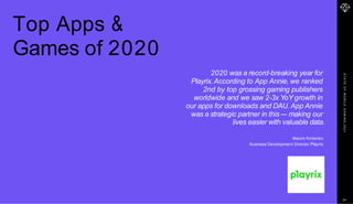 S
T
A
T
E
O
F
M
O
B
I
L
E
G
A
M
I
N
G
2
0
2
1
Top Apps &
Games of 2020
2020 was a record-breaking year for
Playrix. According to App Annie, we ranked
2nd by top grossing gaming publishers
worldwide and we saw 2-3x YoY growth in
our apps for downloads and DAU. App Annie
was a strategic partner in this — making our
lives easier with valuable data.
Maxim Kirilenko
Business Development Director Playrix
24
 