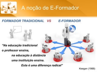 “ Na educação tradicional  o professor ensina, na educação à distância  uma instituição ensina. Esta é uma diferença radical” A noção de E-Formador FORMADOR TRADICIONAL  VS   E-FORMADOR Keegan (1988) 