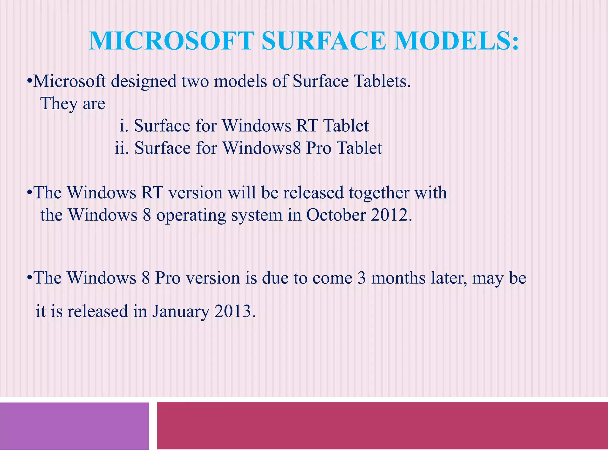 MICROSOFT SURFACE MODELS:
•Microsoft designed two models of Surface Tablets.
They are
i. Surface for Windows RT Tablet
ii. Surface for Windows8 Pro Tablet
•The Windows RT version will be released together with
the Windows 8 operating system in October 2012.
•The Windows 8 Pro version is due to come 3 months later, may be
it is released in January 2013.

 