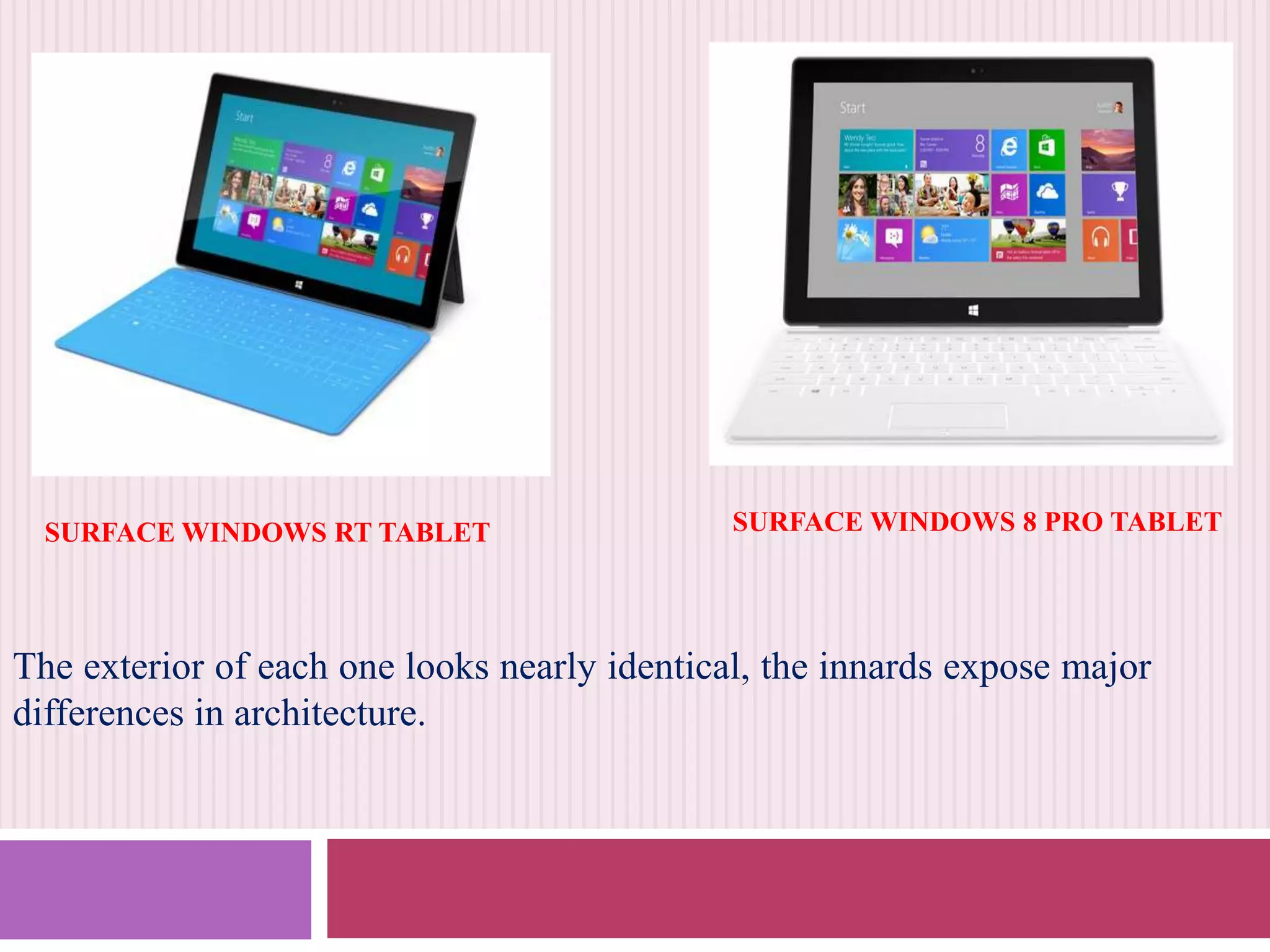 SURFACE WINDOWS RT TABLET

SURFACE WINDOWS 8 PRO TABLET

The exterior of each one looks nearly identical, the innards expose major
differences in architecture.

 