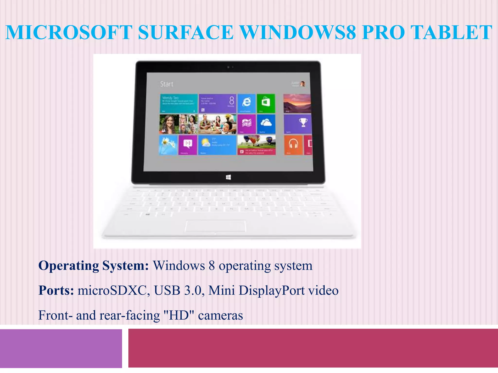 MICROSOFT SURFACE WINDOWS8 PRO TABLET

Operating System: Windows 8 operating system
Ports: microSDXC, USB 3.0, Mini DisplayPort video
Front- and rear-facing "HD" cameras

 