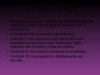 La 3° linea: i linfociti Nei linfonodi entra in azione la linea di difesa dei Linfociti,un altro tipo di globuli bianchi che si dividono in: Linfociti-B che producono gli anticorpi Linfociti-T che maturano nel timo;i linfociti-T memoria conservano una “memoria” delle malattie che il nostro corpo ha subito. I linfociti-th che hanno funzione di sentinella; I linfociti TK che agiscono direttamente sui microbi. 