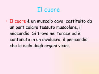 Il cuore   Il cuore  è un muscolo cavo, costituito da un particolare tessuto muscolare, il miocardio. Si trova nel torace ed è contenuto in un involucro, il pericardio che lo isola dagli organi vicini. 