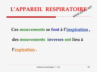 L’APPAREIL RESPIRATOIRE
Ces mouvements se font à l’inspiration ,
des mouvements inverses ont lieu à
l’expiration .
Anatomie physiologie / A.S. 48
 