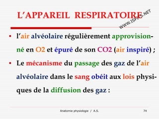 L’APPAREIL RESPIRATOIRE
• l’air alvéolaire régulièrement approvision-
né en O2 et épuré de son CO2 (air inspiré) ;
• Le mécanisme du passage des gaz de l’air
alvéolaire dans le sang obéit aux lois physi-
ques de la diffusion des gaz :
Anatomie physiologie / A.S. 74
 