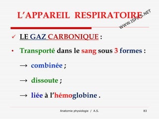 L’APPAREIL RESPIRATOIRE
 LE GAZ CARBONIQUE :
• Transporté dans le sang sous 3 formes :
→ combinée ;
→ dissoute ;
→ liée à l’hémoglobine .
Anatomie physiologie / A.S. 83
 