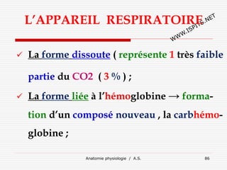 L’APPAREIL RESPIRATOIRE
 La forme dissoute ( représente 1 très faible
partie du CO2 ( 3 % ) ;
 La forme liée à l’hémoglobine → forma-
tion d’un composé nouveau , la carbhémo-
globine ;
Anatomie physiologie / A.S. 86
 