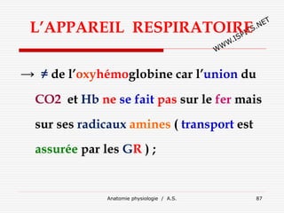 Anatomie physiologie / A.S. 87
L’APPAREIL RESPIRATOIRE
→ ≠ de l’oxyhémoglobine car l’union du
CO2 et Hb ne se fait pas sur le fer mais
sur ses radicaux amines ( transport est
assurée par les GR ) ;
 