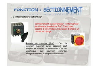 1. 2 interrupteur sectionneur
Contrairement au sectionneur, l'interrupteur-
sectionneur possède un PdC. Il est donc
capable d'interrompre mais aussi d'établir un
circuit en charge.
10
Pouvoir de coupure (PdC) : C’est le
courant maximal qu’un appareil peut
couper en évitant la formation d’un arc
électrique qui pourrait retarder
dangereusement la coupure du courant.
 