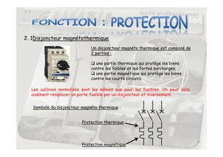 2. 1Disjoncteur magnétothermique
Un disjoncteur magnéto thermique est composé de
2 parties :
 une partie thermique qui protège les biens
contre les faibles et les fortes surcharges,
 une partie magnétique qui protège les biens
contre les courts circuits.
15
Les calibres normalisés sont les mêmes que pour les fusibles. On peut donc
aisément remplacer un porte fusible par un disjoncteur et inversement.
contre les courts circuits.
Symbole du disjoncteur magnéto thermique :
Protection thermique
Protection magnétique
 