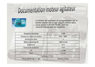 Puissance nominale 5 kW
Le moteur de l’agitateur du cytogénérateur est un
moteur asynchrone à cage coupure moteur lancé
Leroy somer 1LA9 070 4KA10, dont les
caractéristiques sont les suivantes :
3
Puissance nominale 5 kW
Tensions au niveau du moteur 230 / 400V
Nombre de pôles 4
Vitesse nominale Nn 1385 tr/min
Rendement 70 %
Facteur de puissance 0.64
Tn 1.7 Nm
Tdem 3.2 Nm
Idemarrage = 7 x In
Temps démarrage à 1.5In Inférieur à 8min
 