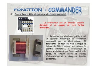 3.1. Contacteur : Rôle et principe de fonctionnement
Le contacteur est un appareil capable
d’établir et de couper de très fortes
intensités.
41
Le contacteur électromagnétique est
un appareil mécanique de connexion
commandé par un électroaimant. Il
fonctionne en tout ou rien. Lorsque la
bobine de l’électroaimant est alimentée
(partie commande), le contacteur se
ferme, établissant, par l’intermédiaire de
pôles, le circuit entre le réseau
d’alimentation et le récepteur (partie
puissance).
 