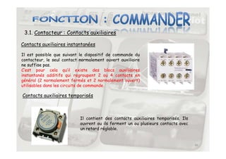 3.1. Contacteur : Contacts auxiliaires
Il est possible que suivant le dispositif de commande du
contacteur, le seul contact normalement ouvert auxiliaire
ne suffise pas.
C’est pour cela qu’il existe des blocs auxiliaires
instantanés additifs qui regroupent 2 ou 4 contacts en
général (2 normalement fermés et 2 normalement ouvert)
Contacts auxiliaires instantanées
46
général (2 normalement fermés et 2 normalement ouvert)
utilisables dans les circuits de commande.
Il contient des contacts auxiliaires temporisés. Ils
ouvrent ou ils ferment un ou plusieurs contacts avec
un retard réglable.
Contacts auxiliaires temporisés
 