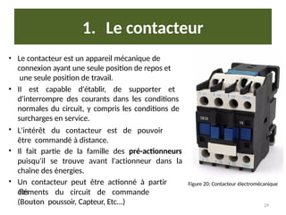 1. Le contacteur
•
29
Le contacteur est un appareil mécanique de
connexion ayant une seule position de repos et
une seule position de travail.
• II est capable d'établir, de supporter et
d'interrompre des courants dans les conditions
normales du circuit, y compris les conditions de
surcharges en service.
• L'intérêt du contacteur est de pouvoir
être commandé à distance.
Il fait partie de la famille des pré-actionneurs
•
puisqu'il se trouve avant l'actionneur dans la
chaîne des énergies.
Un contacteur peut être actionné à partir
des
•
éléments du circuit de commande
(Bouton poussoir, Capteur, Etc...)
Figure 20: Contacteur électromécanique
 