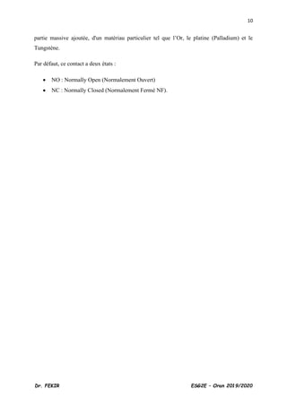 10
Dr. FEKIR ESG2E – Oran 2019/2020
partie massive ajoutée, d'un matériau particulier tel que l’Or, le platine (Palladium) et le
Tungstène.
Par défaut, ce contact a deux états :
• NO : Normally Open (Normalement Ouvert)
• NC : Normally Closed (Normalement Fermé NF).
 