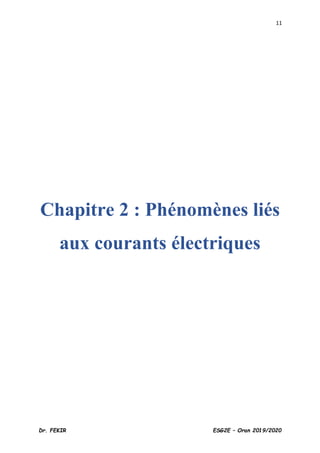 11
Dr. FEKIR ESG2E – Oran 2019/2020
Chapitre 2 : Phénomènes liés
aux courants électriques
 