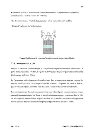 24
Dr. FEKIR ESG2E – Oran 2019/2020
• Niveau de sécurité et de maintenance élevé pour contrôler la dégradation des propriétés
diélectriques de l’huile et l’usure des contacts ;
• La décomposition de l’huile à chaque coupure est un phénomène irréversible ;
• Risque d’explosion et d’inflammation.
Figure 13. Chambre de coupure d’un disjoncteur à coupure dans l’huile.
VI.3. La coupure dans le vide
D’après la courbe de Paschen (Fig.9), le vide présente des performances très intéressantes : à
partir d’une pression de 10-5
bars, la rigidité diélectrique est de 200 kV pour une distance entre
électrodes de seulement 12mm.
En l’absence de milieu de coupure, l’arc électrique, dans la coupure sous vide, est composé de
vapeurs métalliques et d’électrons provenant des matériaux composant les contacts. Cet arc
peut avoir deux aspects, concentré ou diffus, selon l’intensité du courant qui le traverse.
Les constructeurs de disjoncteurs avec ampoule sous vide ont porté leur recherche au niveau
des matériaux des contacts, leur forme et les mécanismes de coupure. La coupure dans le vide
est très employée aujourd’hui en moyenne tension, très peu utilisée en basse tension pour des
raisons de coût, et reste dans le domaine prospectif pour la haute tension (> 50 kV).
 