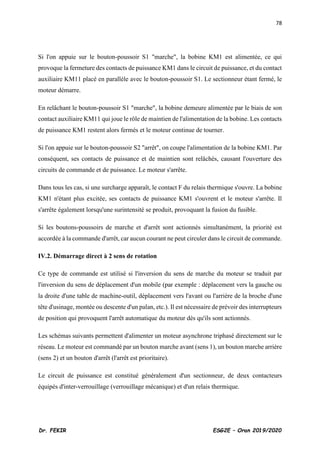 78
Dr. FEKIR ESG2E – Oran 2019/2020
Si l'on appuie sur le bouton-poussoir S1 "marche", la bobine KM1 est alimentée, ce qui
provoque la fermeture des contacts de puissance KM1 dans le circuit de puissance, et du contact
auxiliaire KM11 placé en parallèle avec le bouton-poussoir S1. Le sectionneur étant fermé, le
moteur démarre.
En relâchant le bouton-poussoir S1 "marche", la bobine demeure alimentée par le biais de son
contact auxiliaire KM11 qui joue le rôle de maintien de l'alimentation de la bobine. Les contacts
de puissance KM1 restent alors fermés et le moteur continue de tourner.
Si l'on appuie sur le bouton-poussoir S2 "arrêt", on coupe l'alimentation de la bobine KM1. Par
conséquent, ses contacts de puissance et de maintien sont relâchés, causant l'ouverture des
circuits de commande et de puissance. Le moteur s'arrête.
Dans tous les cas, si une surcharge apparaît, le contact F du relais thermique s'ouvre. La bobine
KM1 n'étant plus excitée, ses contacts de puissance KM1 s'ouvrent et le moteur s'arrête. Il
s'arrête également lorsqu'une surintensité se produit, provoquant la fusion du fusible.
Si les boutons-poussoirs de marche et d'arrêt sont actionnés simultanément, la priorité est
accordée à la commande d'arrêt, car aucun courant ne peut circuler dans le circuit de commande.
IV.2. Démarrage direct à 2 sens de rotation
Ce type de commande est utilisé si l'inversion du sens de marche du moteur se traduit par
l'inversion du sens de déplacement d'un mobile (par exemple : déplacement vers la gauche ou
la droite d'une table de machine-outil, déplacement vers l'avant ou l'arrière de la broche d'une
tête d'usinage, montée ou descente d'un palan, etc.). Il est nécessaire de prévoir des interrupteurs
de position qui provoquent l'arrêt automatique du moteur dès qu'ils sont actionnés.
Les schémas suivants permettent d'alimenter un moteur asynchrone triphasé directement sur le
réseau. Le moteur est commandé par un bouton marche avant (sens 1), un bouton marche arrière
(sens 2) et un bouton d'arrêt (l'arrêt est prioritaire).
Le circuit de puissance est constitué généralement d'un sectionneur, de deux contacteurs
équipés d'inter-verrouillage (verrouillage mécanique) et d'un relais thermique.
 