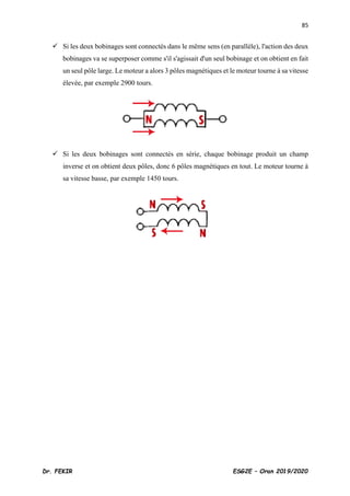 85
Dr. FEKIR ESG2E – Oran 2019/2020
✓ Si les deux bobinages sont connectés dans le même sens (en parallèle), l'action des deux
bobinages va se superposer comme s'il s'agissait d'un seul bobinage et on obtient en fait
un seul pôle large. Le moteur a alors 3 pôles magnétiques et le moteur tourne à sa vitesse
élevée, par exemple 2900 tours.
✓ Si les deux bobinages sont connectés en série, chaque bobinage produit un champ
inverse et on obtient deux pôles, donc 6 pôles magnétiques en tout. Le moteur tourne à
sa vitesse basse, par exemple 1450 tours.
 