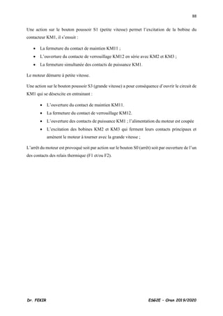 88
Dr. FEKIR ESG2E – Oran 2019/2020
Une action sur le bouton poussoir S1 (petite vitesse) permet l’excitation de la bobine du
contacteur KM1, il s’ensuit :
• La fermeture du contact de maintien KM11 ;
• L’ouverture du contacte de verrouillage KM12 en série avec KM2 et KM3 ;
• La fermeture simultanée des contacts de puissance KM1.
Le moteur démarre à petite vitesse.
Une action sur le bouton poussoir S3 (grande vitesse) a pour conséquence d’ouvrir le circuit de
KM1 qui se désexcite en entrainant :
• L’ouverture du contact de maintien KM11.
• La fermeture du contact de verrouillage KM12.
• L’ouverture des contacts de puissance KM1 ; l’alimentation du moteur est coupée
• L’excitation des bobines KM2 et KM3 qui ferment leurs contacts principaux et
amènent le moteur à tourner avec la grande vitesse ;
L’arrêt du moteur est provoqué soit par action sur le bouton S0 (arrêt) soit par ouverture de l’un
des contacts des relais thermique (F1 et/ou F2).
 