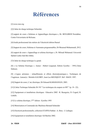 90
Dr. FEKIR ESG2E – Oran 2019/2020
Références
[1] www.ieee.org
[2] Cahier de charge technique Schneider.
[3] support de cours « Schémas et Appareillages électriques », Dr. BENAIRED Noreddine.
Centre Universitaire de Relizane.
[4] Guide professionnel des métiers de l’électricité édition Dunod
[5] Support de cours, Schémas et Automates programmables, Dr Mesaoud Mohammedi, 2012.
[6] support de cours « Appareillage et schéma électrique », Pr. Miloudi Mohamed. Université
Djillali Liabès Sidi Bel-Abbès.
[7] Cahier de charge technique Le grand.
[8] « Le Schéma Electrique ». Auteur : Hubert Largeaud, Edition Eyrolles – 1991(-3ème
Édition).
[9] « Lignes aériennes : échauffements et efforts électrodynamiques ». Techniques de
l’ingénieur. Auteur(s) : Michèle GAUDRY, Jean-Luc BOUSQUET. Réf : D4439. 1997.
[10] Support de cours, L’arc électrique, Dr Edouard KABADANIAN, 2003.
[11] Cahier Technique Schneider № 193 " Les techniques de coupure en MT " (p. 18 - 22).
[12] Equipement et installations électriques –Educative 2002 –R. Bourgoies, D. Cognel, B.
Lehalle.
[13] Le schéma électrique, 3ème
édition –Eyrolles 1993
[14] Motorisation et Commande des Machines-Bernard Schneider
[15] Electricité professionnelle, collection ETAPES-Nathan –A. Bory –J. Lafargue.
[16] Equipement et installation électrique–Ed Deeline 2002.
 