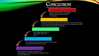 CONCLUSION
Reaction towards brand is intermediate
between status symbol and quality
consciousness
People who have been using brands for a long have made themselves used
to it and they feel comfortable wearing them due to uniqueness, up to date
fashion and new designs along with quality
Most people agree that with
high quality comes high
price
The orientation towards power and status, and the desire
to be popular leads people to brands
After analyzing the results, it is obvious that
psychographics i.e. brand logo, plays an important role in
consumer preferences
 