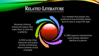 RELATED LITERATURE
A 2008 research indicated that
some brands represent
identity of a person
Attractive clothing
entices the wearer that
make them to look like
a celebrity
A 2010 survey show
that price and quality
are the contributing
factors towards choice
of people
It is revealed that people who
preferred to buy branded clothes
tend to have a unique life style
 