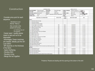 Consider price point for each sequence: --Nordstrom’s and Neiman  Marcus. Also consider what people are buying, ex: Full lining may not be necessary. Career wear = quality pieces meant to last and not to be disposable Advantages: Fewer machines are needed. (Mostly just the 301 Lock stitch)  SPI depends on the thickness of the fabric Apply interfacing Develop Skirt Develop Lining Merge the two together Problems: Placket and dealing with the opening at the bottom of the skirt 