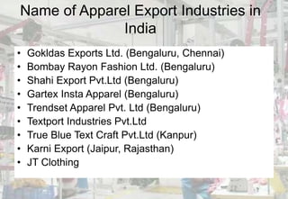 Name of Apparel Export Industries in
India
• Gokldas Exports Ltd. (Bengaluru, Chennai)
• Bombay Rayon Fashion Ltd. (Bengaluru)
• Shahi Export Pvt.Ltd (Bengaluru)
• Gartex Insta Apparel (Bengaluru)
• Trendset Apparel Pvt. Ltd (Bengaluru)
• Textport Industries Pvt.Ltd
• True Blue Text Craft Pvt.Ltd (Kanpur)
• Karni Export (Jaipur, Rajasthan)
• JT Clothing
 