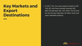 Key Markets and
Export
Destinations
In 2017–18, raw wool exports stood at US$
766,187 and have already reached US$
838,459 between Apr-Oct 2018. The US and
EU are the key importers of Indian wool and
wool-blended products
 