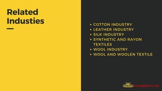Related
Industies COTTON INDUSTRY
LEATHER INDUSTRY
SILK INDUSTRY
SYNTHETIC AND RAYON
TEXTILES
WOOL INDUSTRY
WOOL AND WOOLEN TEXTILE
 