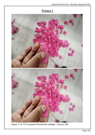 Apparel Internship - Brandix Apparel India.
Project 1
Page 123
Figure 111 & 112: Excessive trimmed lace wastage | Source: Self
 