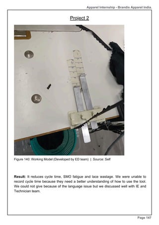 Apparel Internship - Brandix Apparel India.
Page 147
Figure 140: Working Model (Developed by ED team) | Source: Self
Result: It reduces cycle time, SMO fatigue and lace wastage. We were unable to
record cycle time because they need a better understanding of how to use the tool.
We could not give because of the language issue but we discussed well with IE and
Technician team.
Project 2
 