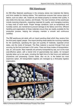 An RM (Raw Material) warehouse in the company stores raw materials like fabrics
and trims needed for making clothes. This warehouse ensures that various types of
fabrics, such as cotton, silk, modal etc are stored properly to maintain their quality. It
also holds trims like lace, elastics, and threads. The main functions of this warehouse
include receiving shipments, inspecting materials for quality, and managing inventory
to keep track of stock levels. Proper storage conditions, such as temperature and
humidity control, are maintained to prevent damage to the fabrics and trims. Efficient
handling and organization of these materials ensure they are readily available for the
production process, helping the company maintain a smooth and continuous
workflow.
The RM warehouse job starts with an import pending sheet which they receive from
the third party logistic people. The import pending sheet details the incoming materials
for the warehouse, specifying the type and quantity of materials, expected arrival
dates, and the mode of transport. The Raw material is sourced through Front end
sourcing, by the front end team in Sri Lanka. There are three modes of transportation:
sea, air, and courier. Raw materials are primarily transported by sea, as it is the most
cost-effective option, with a transit time of approximately two weeks. Air transport
typically takes up to one week, including the flight time of a few hours and additional
procedures and processing. Courier mode, also via air, is the fastest but most
expensive option. All transportation logistics are managed by a third-party logistics
organization.
RM Warehouse
Page 11
Figure 5: Fabric Rolls in RM Warehouse | Source: Self
Apparel Internship - Brandix Apparel India.
Refer to Annexure 06 for RM Warehouse Process Flow Chart
 