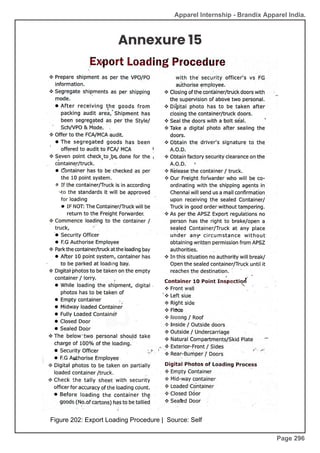 Apparel Internship - Brandix Apparel India.
Annexure 15
Figure 202: Export Loading Procedure | Source: Self
Page 296
 